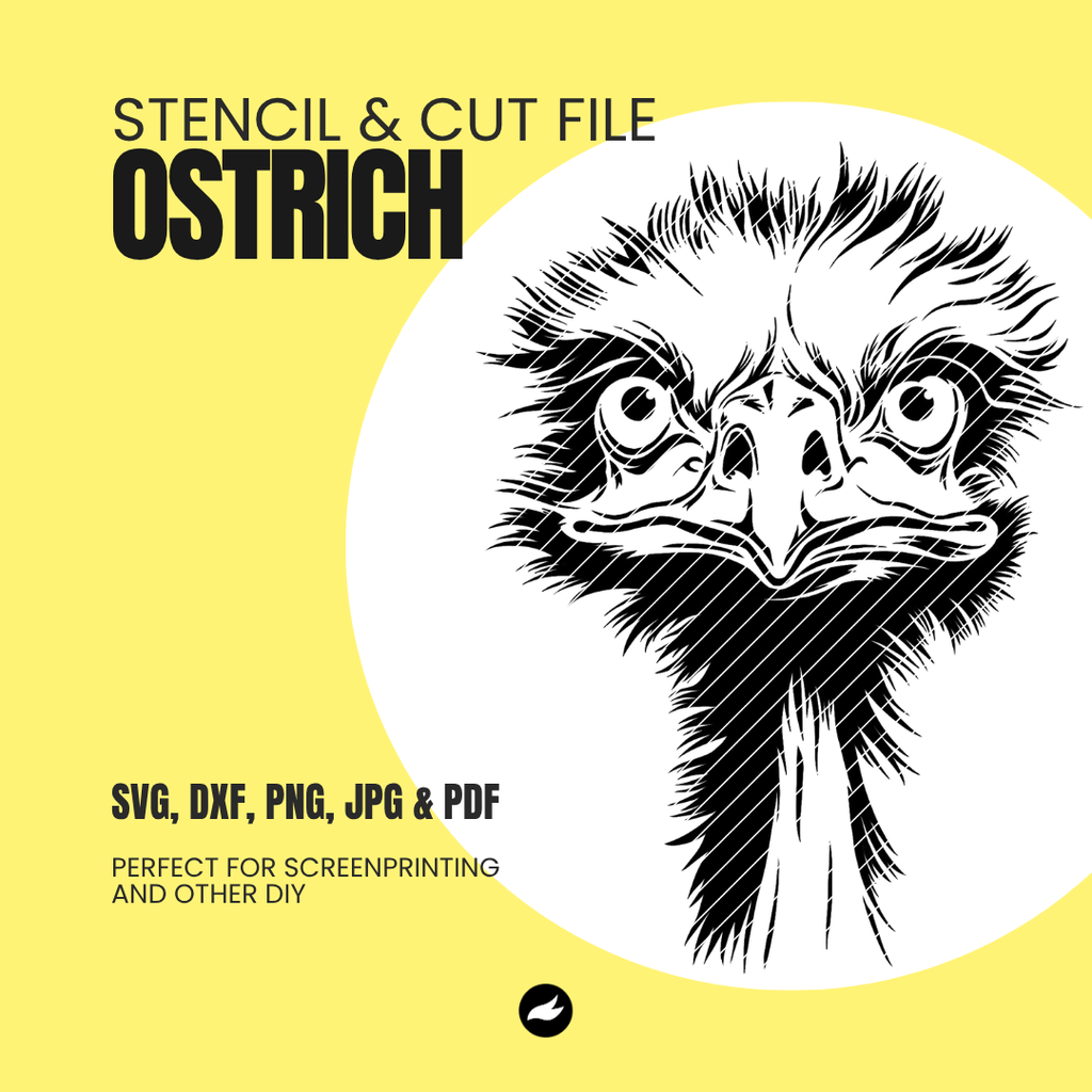 Ostrich stencil and cut file on a yellow background with text about file formats.