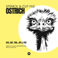Ostrich stencil and cut file on a yellow background with text about file formats.