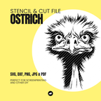Ostrich stencil and cut file on a yellow background with text about file formats.