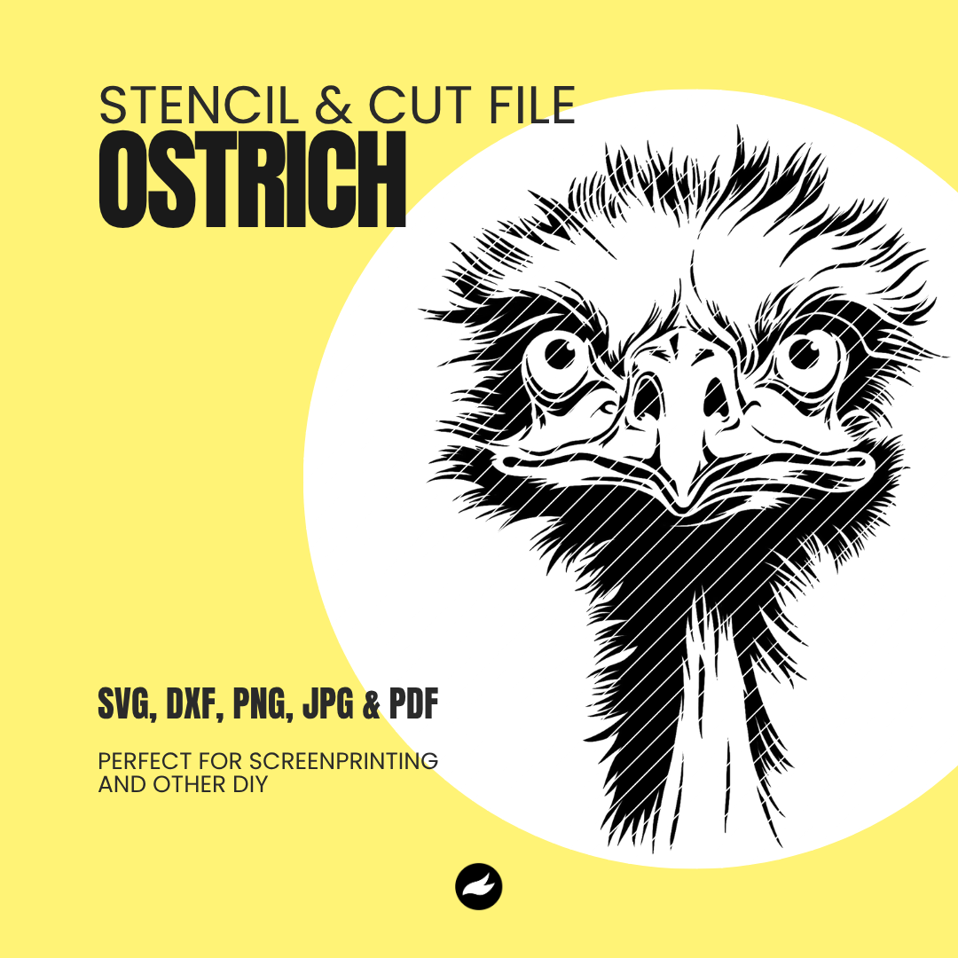 Ostrich stencil and cut file on a yellow background with text about file formats.