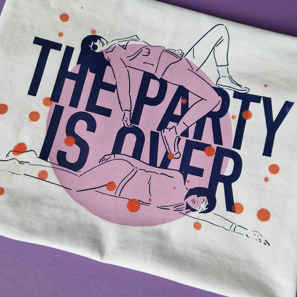 T-shirt with illustration of people lying down and text 'The Party is Over' on a white background with orange dots.